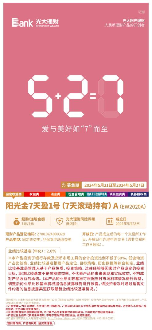 活钱理财又出新品！ 光大理财“阳光金7天盈1号（7天滚动持有）A”全新上线