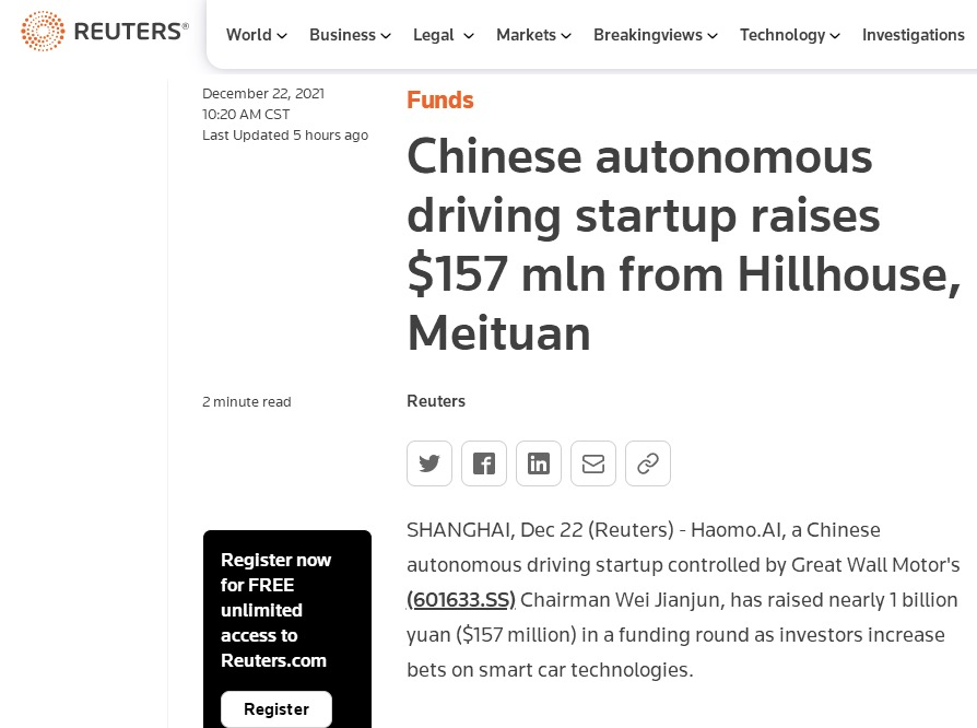 又一家中国自动驾驶独角兽诞生  路透社、彭博社纷纷报道毫末智行融资消息